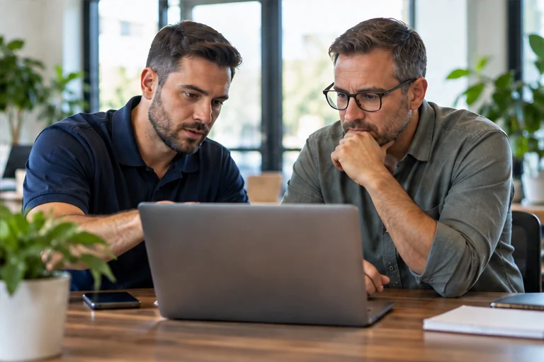 Two professionals reviewing technology and security plans