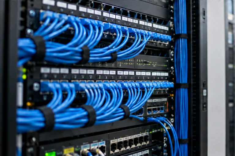 Professionally organized rack with network switches and blue Ethernet cables